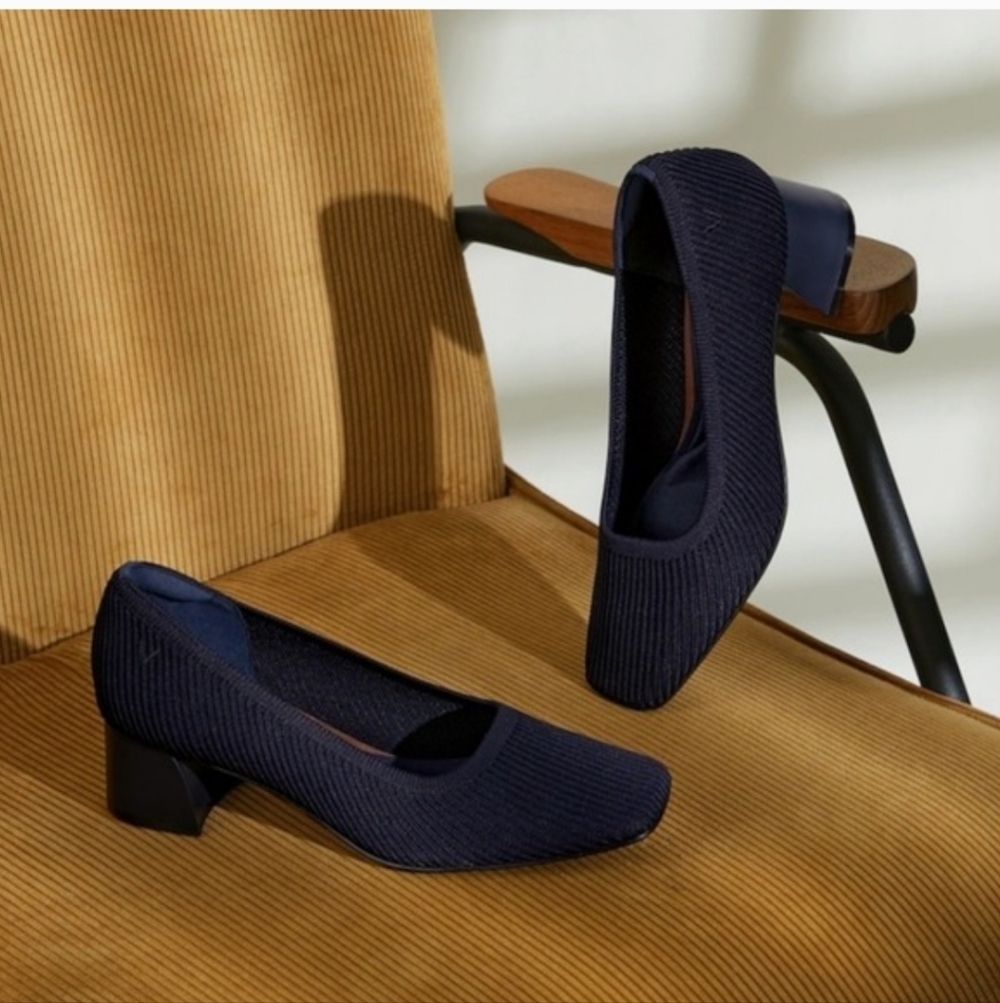 VIVAIA MELODY PUMPS BLACK KNIT FABRIC SQUARE TOE CHINKY BLOCK HEEL SIZE 39 - Picture 4 of 13